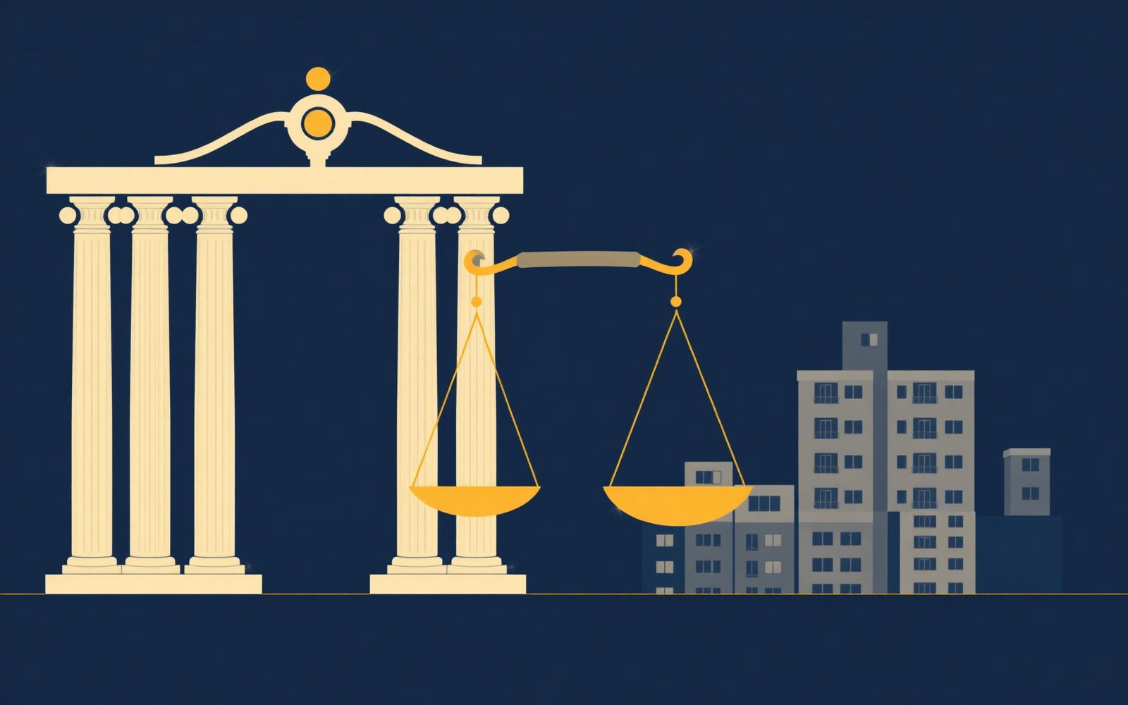 Ilustración de columnas clásicas, la balanza de la justicia y edificios residenciales